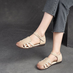 Women Retro Leather Velcro Hollow Casual Summer Sandals Newgew Shoes