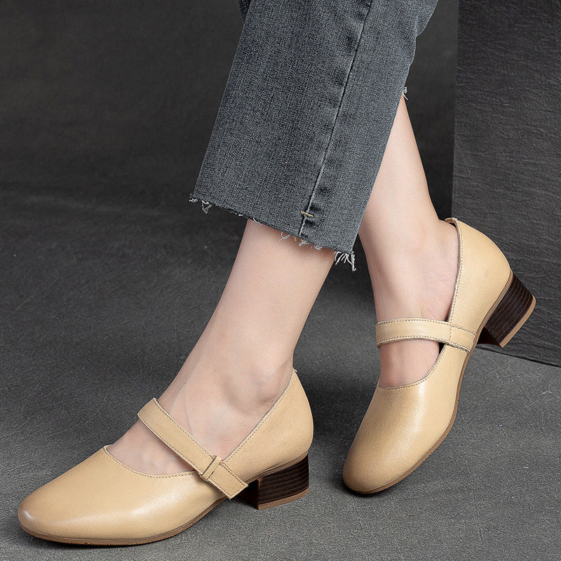 Women Minimalist Casual Retro Leather Chunky Heel Pumps Newgew Shoes