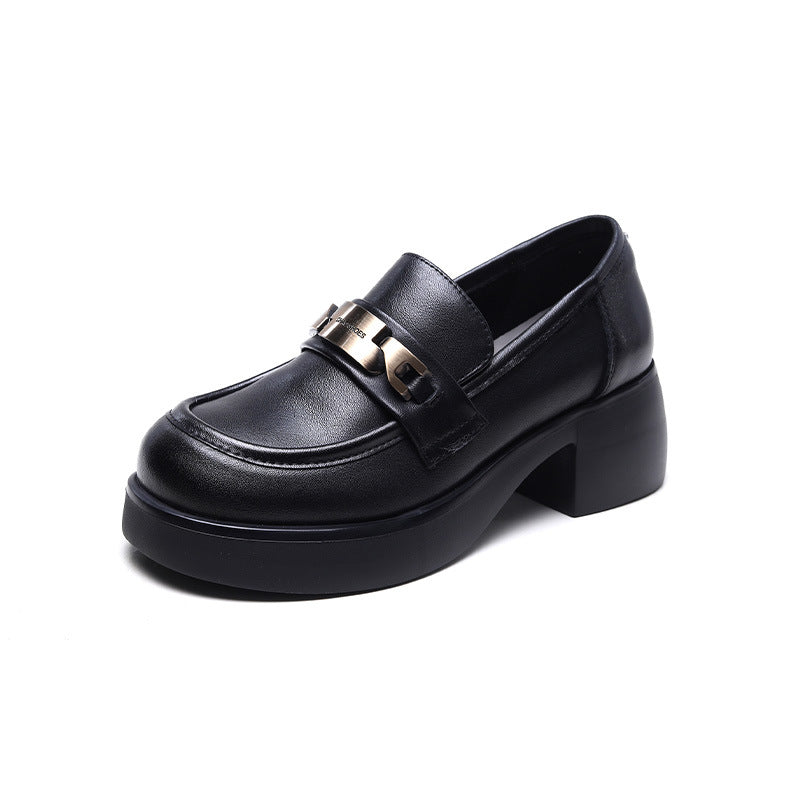 Women Retro Classic Leather Chunky Heel Loafers Newgew Shoes