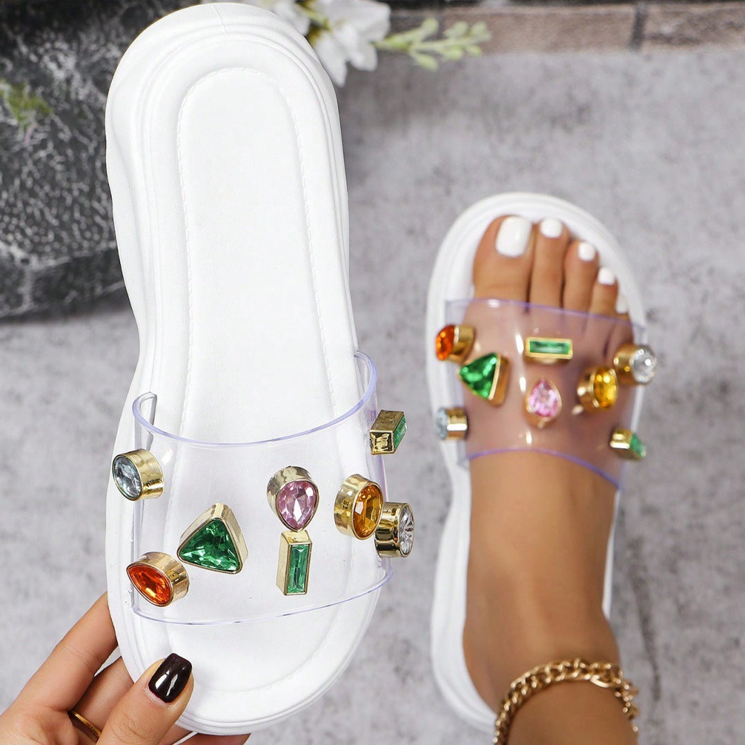 Fashion Flat-Heel Beach Shoes Rhinestone Flowers Sandals NewGew