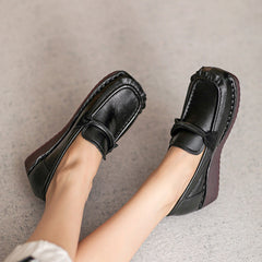 Women Retro Soft Leather Chunky Wedge Loafers Newgew Shoes