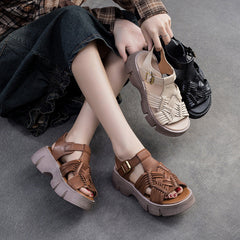 Women Retro Plaited Leather Platform Casual Sandals Newgew Shoes