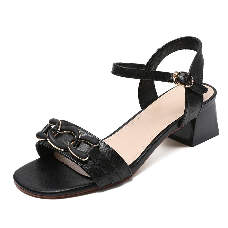 Women Minimalist Fashion Leather Low Block Sandals Newgew Shoes