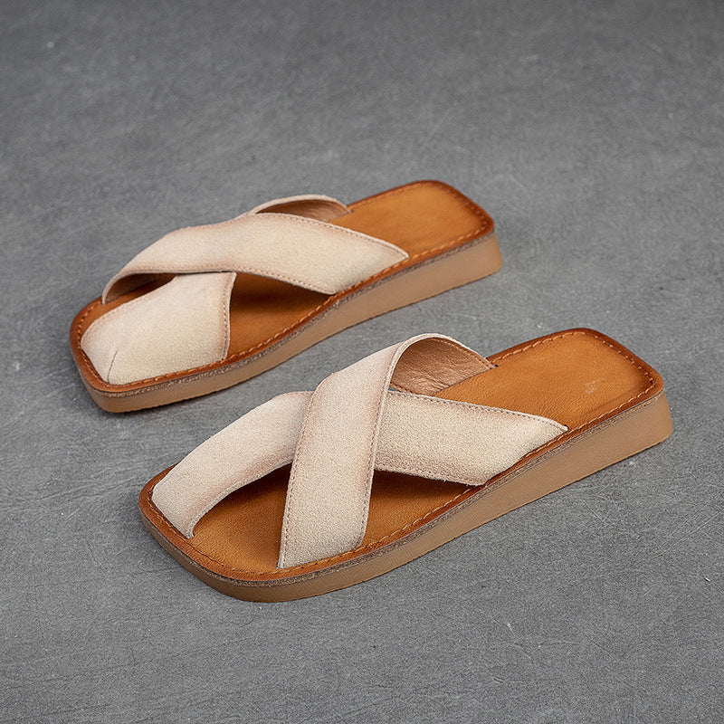 Women Retro Leather Flat Casual Slides Newgew Shoes