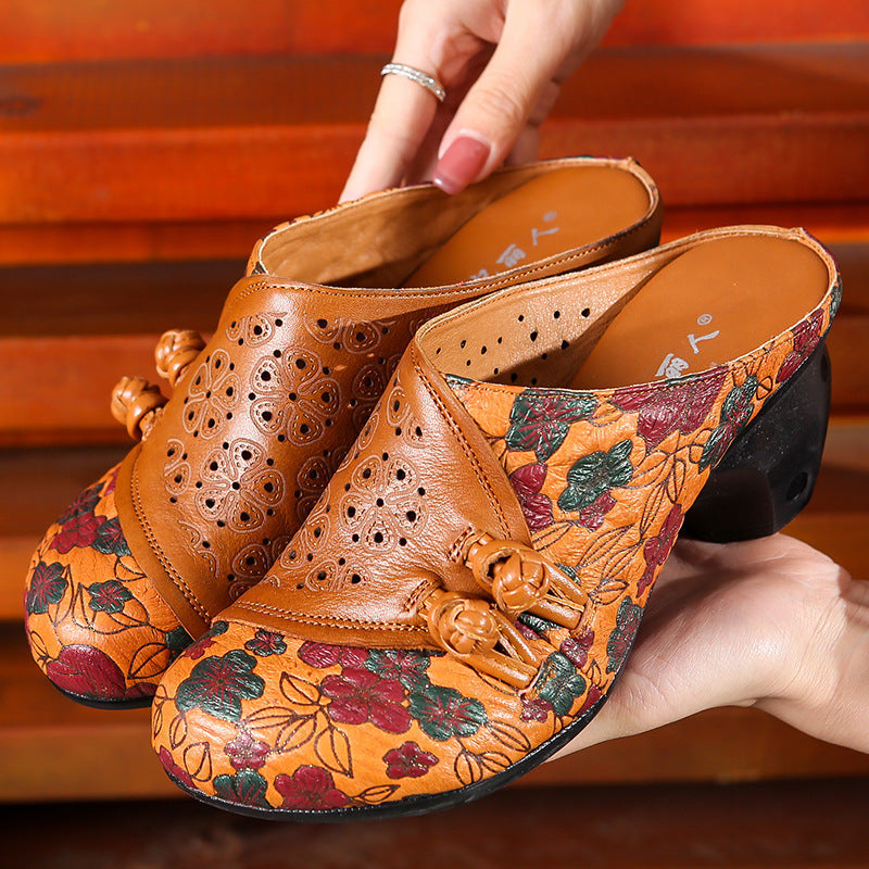 Women Retro Hollow Cowhide Casual Mules Newgew Shoes