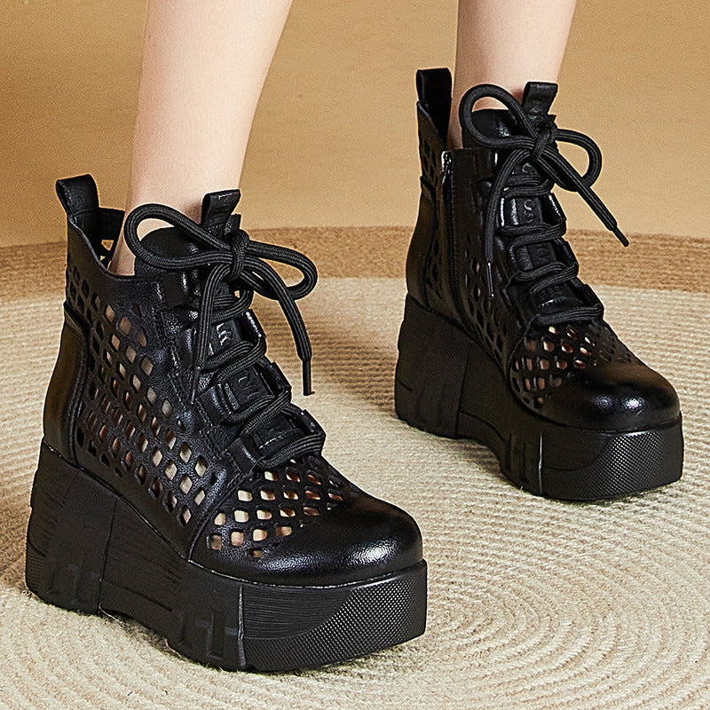 Women Retro Hollow Leather Platform Boots Newgew Shoes