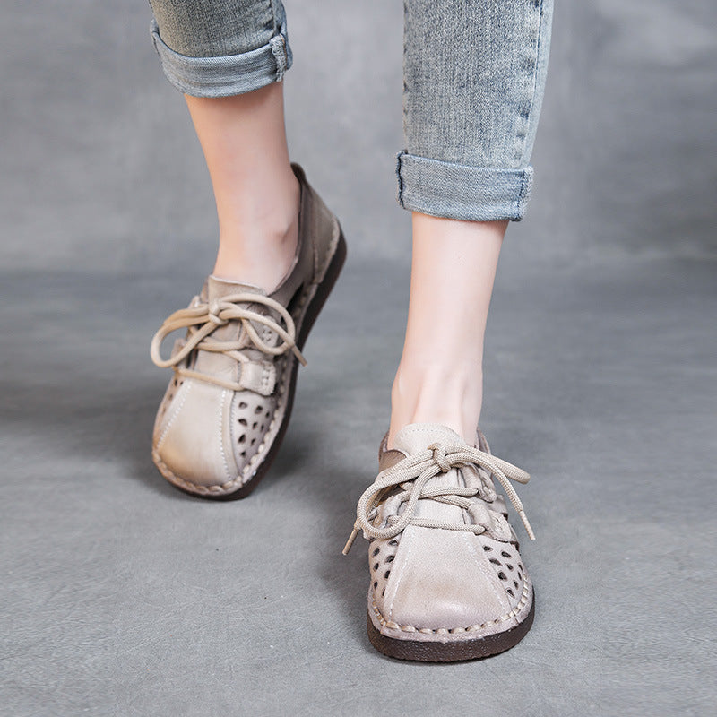 Women Retro Hollow Leather Soft Flat Casual Shoes Newgew Shoes