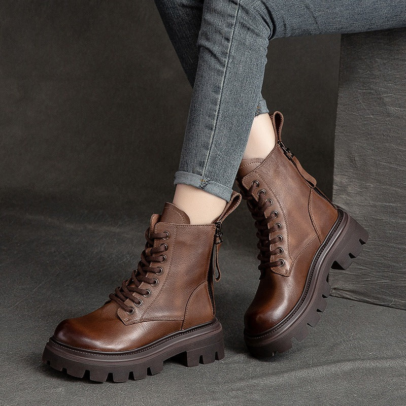 Women Retro Soft Leather Lug Sole Combat Boots Newgew Shoes