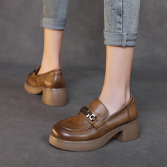 Women Retro Classic Leather Chunky Heel Loafers Newgew Shoes