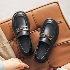 Women Retro Leather Chunky Heel Casual Loafers Newgew Shoes