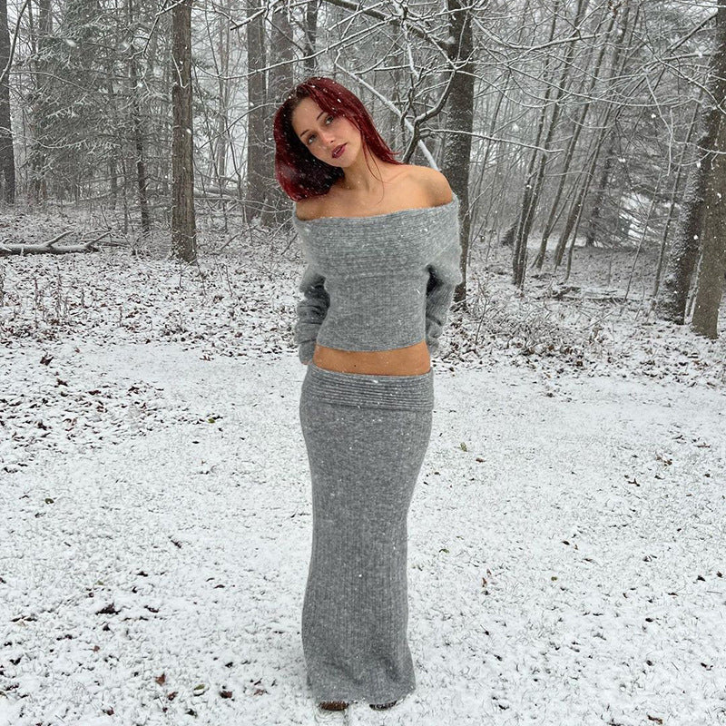 Stretch Off-Shoulder Sweater And Long Skirt Set Newgew Dresses