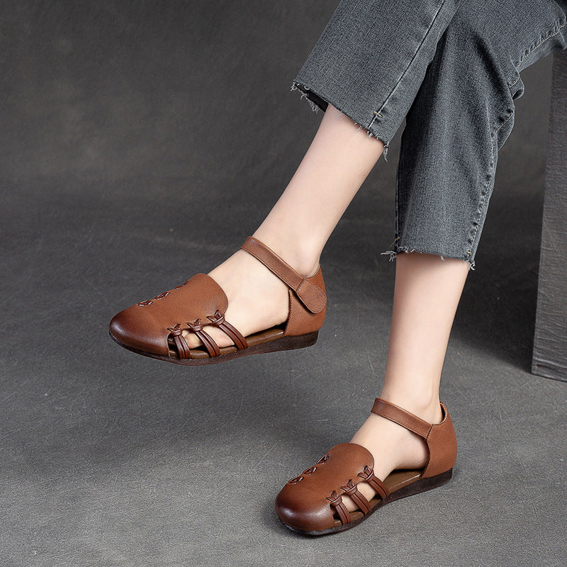 Women Retro Leather Velcro Hollow Casual Summer Sandals Newgew Shoes