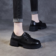 Women Lace-up Hollow Leather Chunky Sole Loafers Newgew Shoes