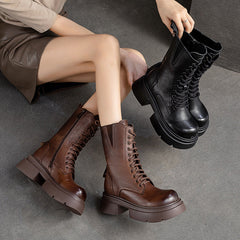 Women Retro Leather Chunky Platform Mid Calf Boots Newgew Shoes