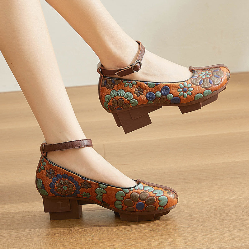 Women Retro Floral Leather Wedge Square Sole Pumps Newgew Shoes