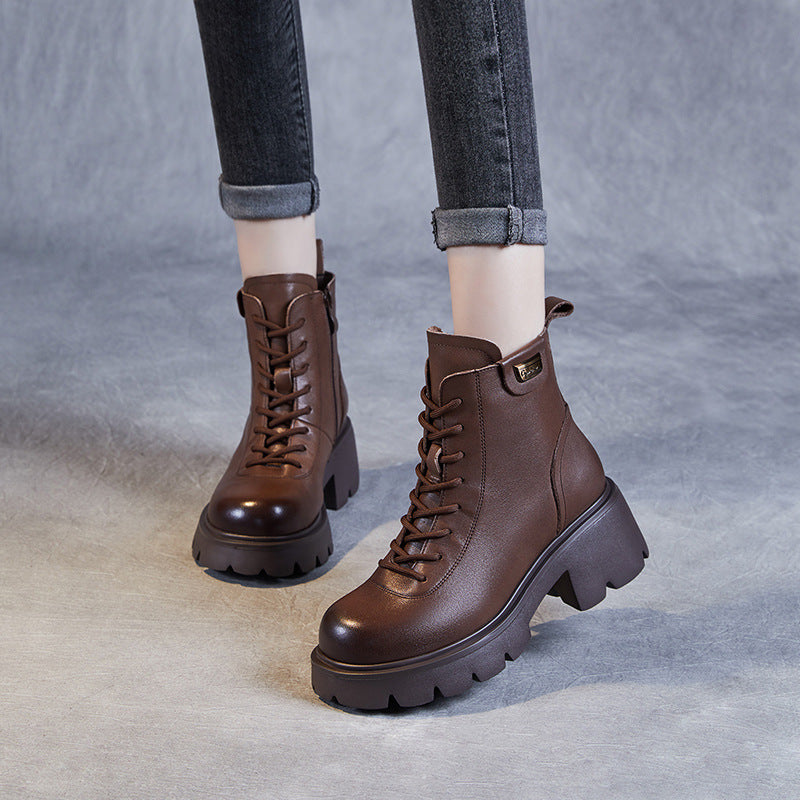 Women Retro Minimalist Leather Chunky Heel Boots Newgew Shoes