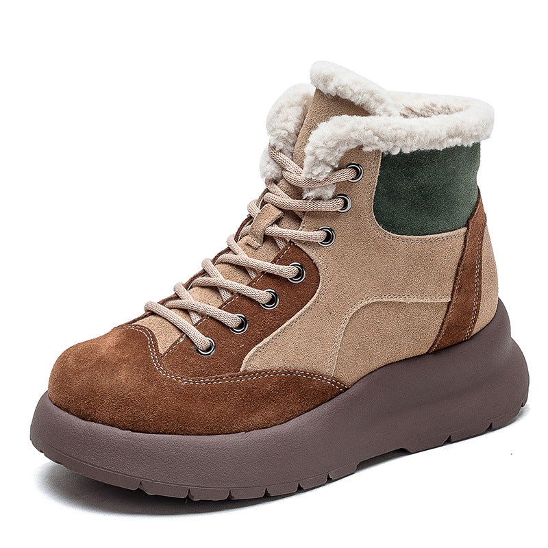 Women Retro Patchwork Leather Furred Snow Boots Newgew Shoes