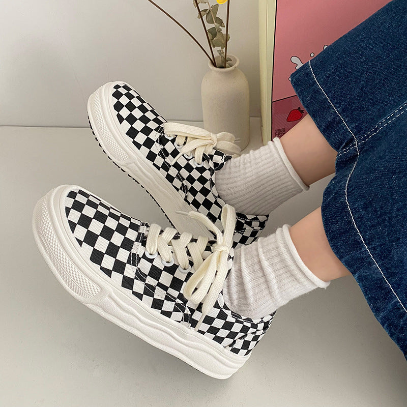 Women's & Men's Plaid Black And White Chessboard Canvas Shoes Newgew