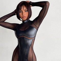One Piece Long Sleeve Mesh Bodycon Jumpsuit Newgew
