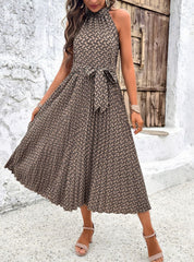 Women's Patterned Sleeveless Halterneck Midi Dress with Waist Tie Newgew Dresses