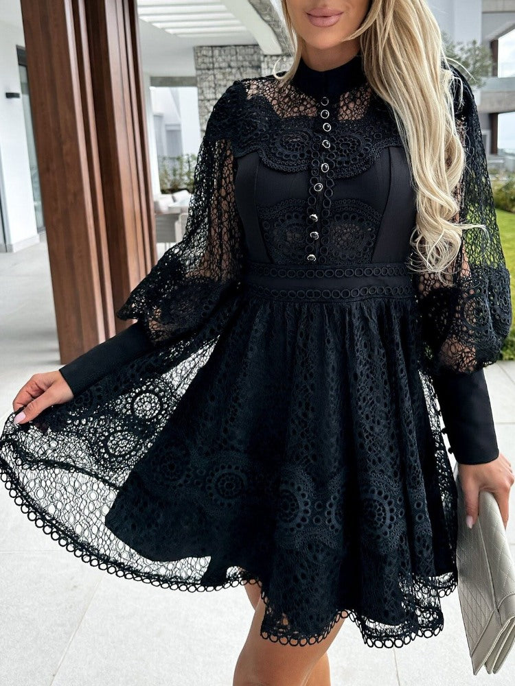 Lace Trim Long-Sleeve Dress Newgew Dresses