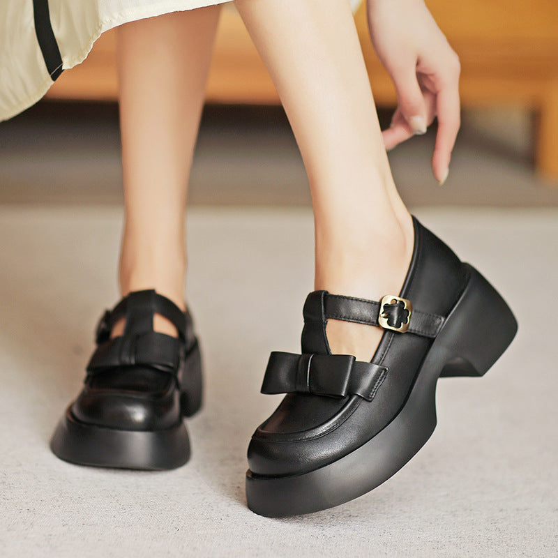 Women Retro Leather Solid Chunky Casual Shoes Newgew Shoes