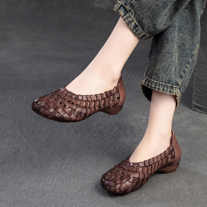 Women Handcraft Plaited Leather Soft Low Block Sandals Newgew Shoes