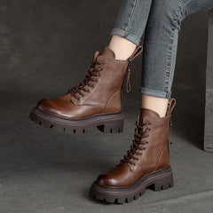 Women Retro Soft Leather Lug Sole Combat Boots Newgew Shoes