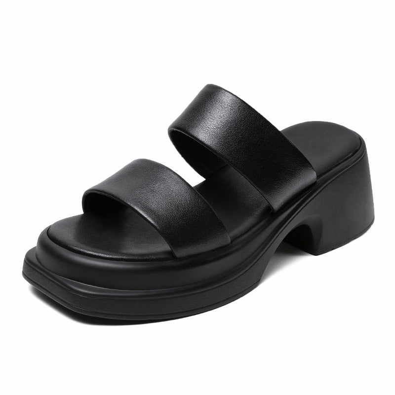 Women Retro Solid Soft Leather Chunky Lug Sole Slides Newgew Shoes