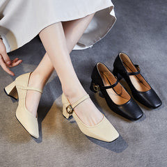 Women Retro Leather Chunky Heel Pumps Newgew Shoes