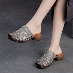 Women Handmade Plaited Leather Low Block Slides Sandals Newgew Shoes