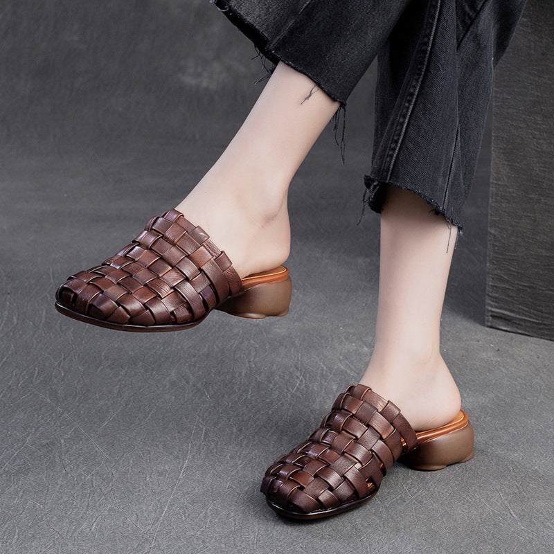 Women Handmade Plaited Leather Low Block Slides Sandals Newgew Shoes
