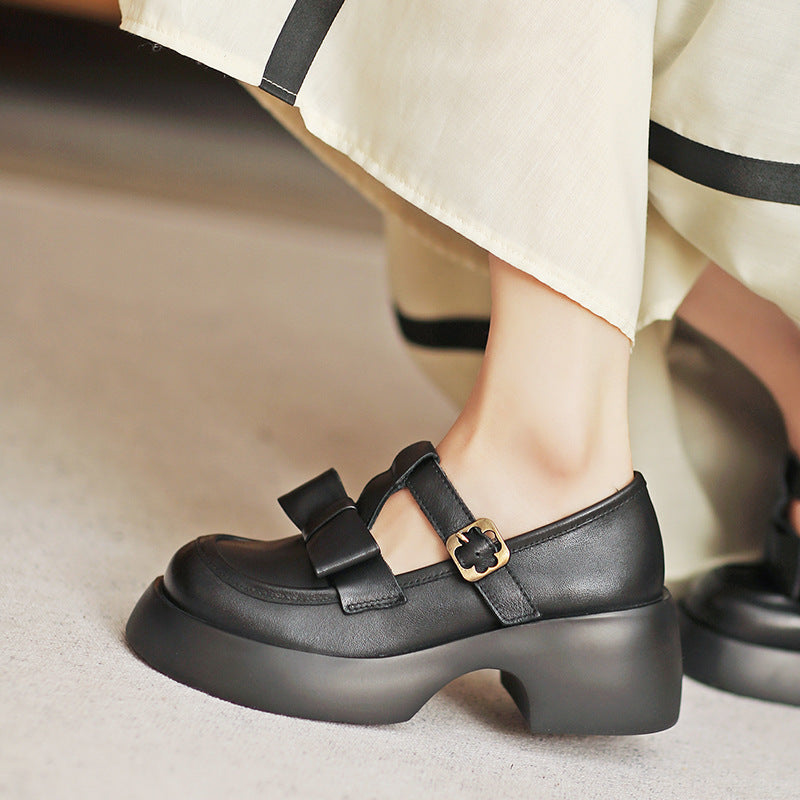 Women Retro Leather Solid Chunky Casual Shoes Newgew Shoes