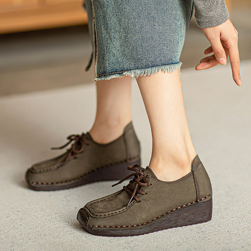 Women Retro Leather Square Head Low Wedge Shoes Newgew Shoes