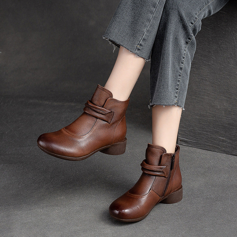 Women Retro Leather Low Heel Ankle Boots Newgew Shoes