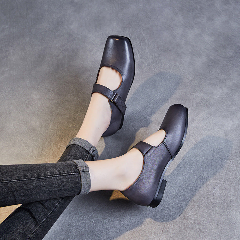Women Retro Square Head Leather Casual Shoes Newgew Shoes