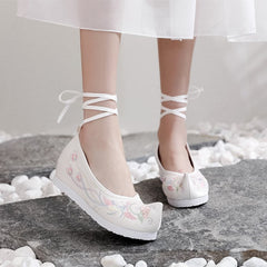 Women's Elevated Embroidered Antique Cloth Warped Head Ancient Costume Bow Canvas Shoes Newgew