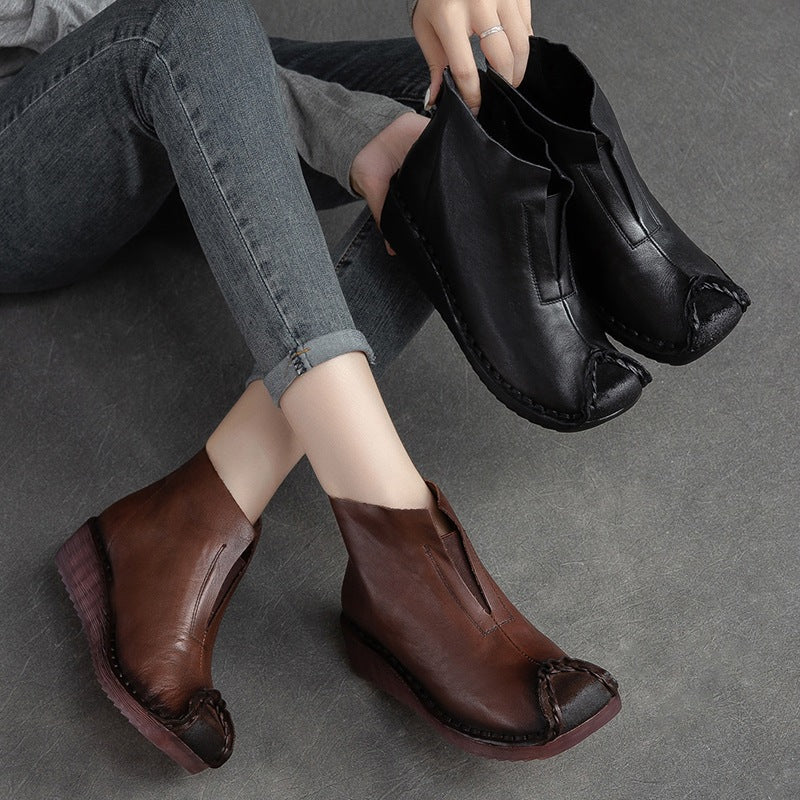 Women Retro Low Wedge Leather Ankle Boots Newgew Shoes