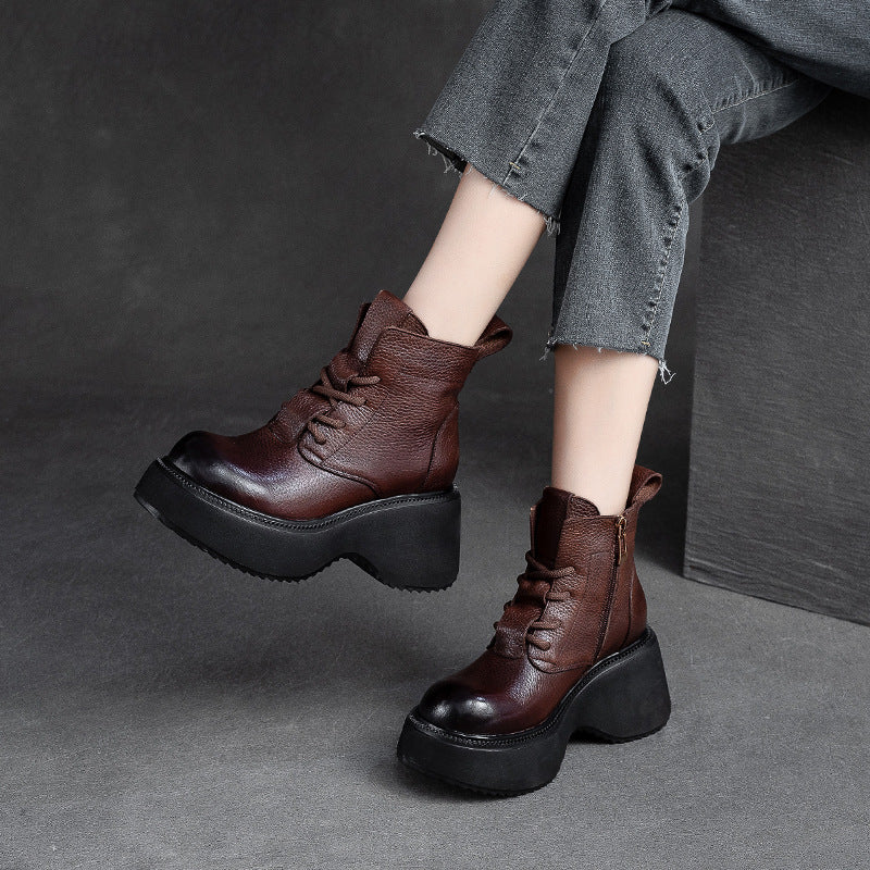 Women Retro Minimalist Leather Chunky Platform Boots Newgew Shoes