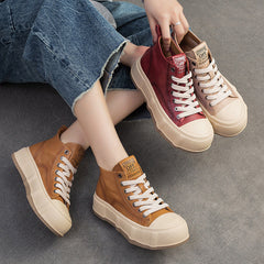 Women Fashion Cowhide Lace-up Casual Flat Ankle Boots Newgew Shoes