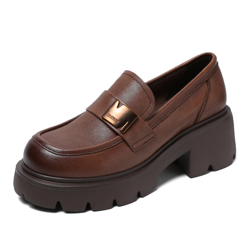 Women Retro Leather Casual Chunky Heel Loafers Newgew Shoes