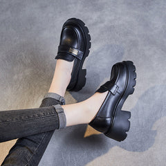 Women Retro Leather Chunky Platform Casual Loafers Newgew Shoes