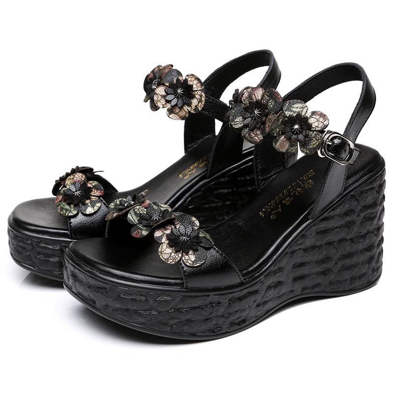 Women Retro Floral Leather Wedge Sandals Newgew Shoes