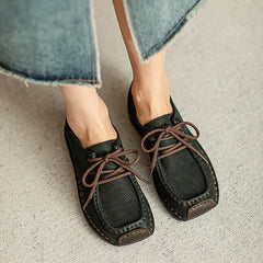 Women Retro Leather Square Head Low Wedge Shoes Newgew Shoes