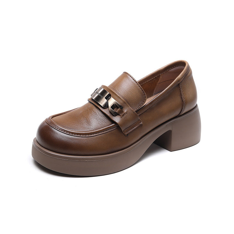 Women Retro Classic Leather Chunky Heel Loafers Newgew Shoes