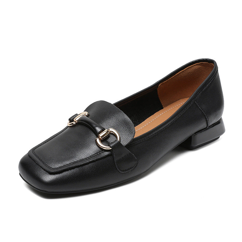 Women Minimalist Buckle Leather Low Block Loafers Newgew Shoes