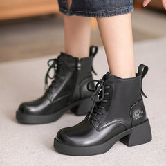 Women Retro Patchwork Leather Chunky Heel Boots Newgew Shoes