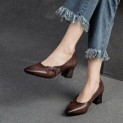 Women Retro Leather Point Toe Chunky Heel Pumps Newgew Shoes