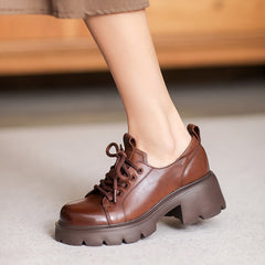 Women Retro Leather Chunky Platform Casual Shoes Newgew Shoes
