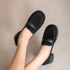 Women Retro Leather Minimliast Chunky Heel Loafers Newgew Shoes